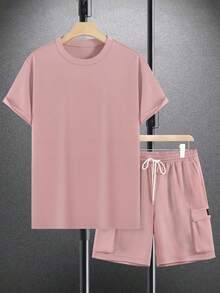 Manfinity Homme Bộ đồ nam cỡ lớn gồm áo thun ngắn tay cổ tròn màu trơn và quần short, thích hợp mặc hàng ngày. - Bụi hồng - Xem 3