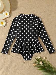 Brown Polka Dot Tween Girl One-Piece Swimsuit,Long Raglan Sleeves High Neck Half-Zip Ruffled Hem,Cute Princess Style,Summer Beach Vacation Holiday - Multicolor - View 2
