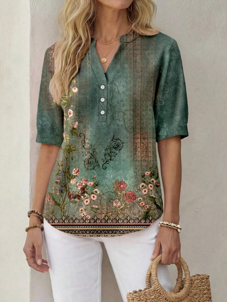EMERY ROSE Áo kiểu nữ tay phồng, phong cách tối giản, thoải mái, bohemian, thanh lịch, cổ điển, họa tiết hoa bạc màu, xanh ô liu, thích hợp cho các lễ hội âm nhạc, trang phục đi biển, kỳ nghỉ hè. - Nhiều màu - Xem 1