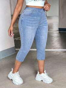 SHEIN ICON Jeans pitillo de talle alto con bolsillos en contraste de color para tallas grandes - Lavado ligero - Ver 3