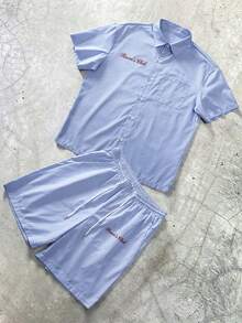 STYNVO Men's Casual Striped Letter Print Short Sleeve Shirt And Shorts Set, Summer - Blue - View 2