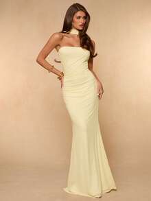 SHEIN BAE Đầm dạ hội mùa hè màu vàng trơn không dây vai, hở lưng, dáng đuôi cá dành cho nữ, đầm vàng, đầm đi nghỉ mát, đầm dự đám cưới, đầm đi học, đầm đi biển. - Màu vàng - Xem 3