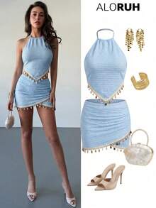 Aloruh Women's Shell Decor Lace-Up Backless Halter Top + Asymmetric Hem Skirt Set,Vacation Outfits Women - Baby Blue - View 7