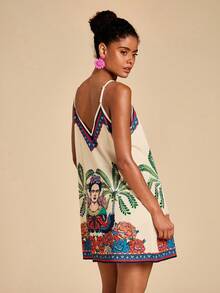 Travachic Frida Kahlo X SHEIN Women's Casual Tropical Figure Print Spaghetti Strap Mini Dress, Suitable For Spring/Summer, Vacation, Island - Multicolor - View 7
