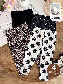 SHEIN 4件套女婴针织纯色、波点、碎花、豹纹图案可爱打底裤，休闲时尚 - 彩色 - 查看 3