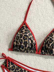 SHEIN Teen Girls Leopard Print Contrast Trim Halter Bikini 2-Piece Swimwear Set, Spring/Summer - Multicolor - View 4