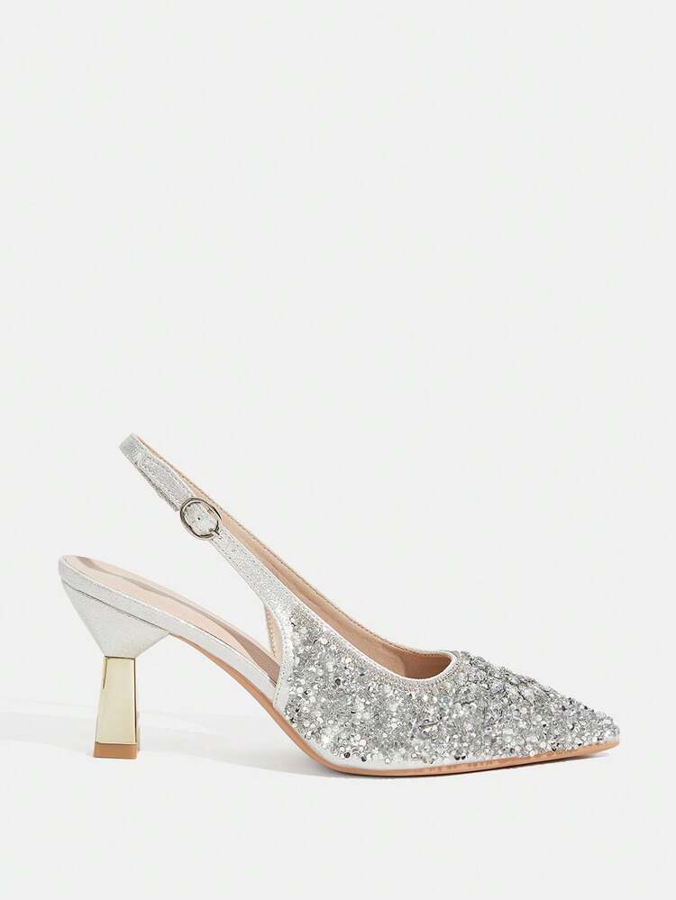 CUCCOO TILAWA Summer Ladies Elegant Luxury Rhinestone Back Empty Shoes Shopping Party Commuter Office Fashion Pointed Silver High Heels