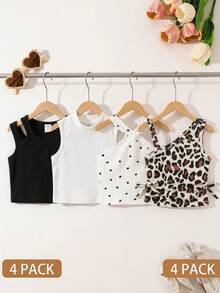 SHEIN 4件套女童夏季Y2K豹纹波点爱心图案无袖修身柔软舒适吊带背心外套多件装，适合度假沙滩派对，豹纹婴儿服，猎豹纹婴儿服，可爱上衣，豹纹幼儿上衣，女童豹纹服装，女童夏季服装，女童套装，少女夏季服装 - 彩色 - 查看 10