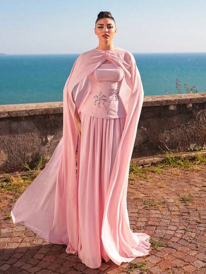 Aureia Elegant Luxury Matte Satin Open Shoulder Bustier Handcrafted Beaded Floral Design With Boned Corset Waist Insert Chiffon A-Line Dress With Flounce Hem Evening Gown