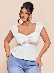 SHEIN BAE Plus Size Women's Elegant Silky All White Summer Top, Petal Sleeve Frill Trim Fitted Cropped Camisole, Ruffle Hem Bodycon Y2K Party Birthday Date - White - View 7