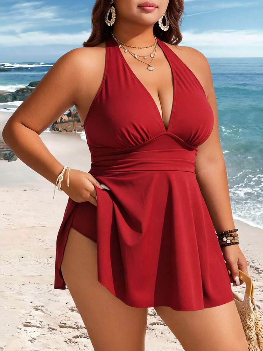 Swim Lushoire 大码女士两件式条纹印花腰部褶皱挂脖式背心泳衣，成熟简约休闲度假泳装 - 紅色 - 查看 1