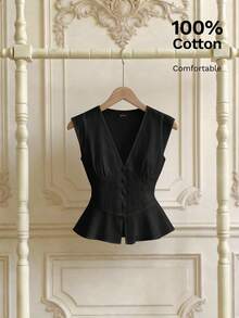 SHEIN MOD Women's Versatile Button Pleated Blouse, Suitable For Daily Wear And Travel,Summer Top - Black - View 2