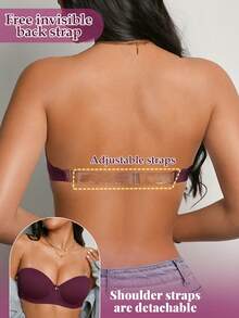 DesireSculpt Women's Romantic Solid Color Rhinestone Bow Decor Strapless Bra With Underwire - Purple - View 3