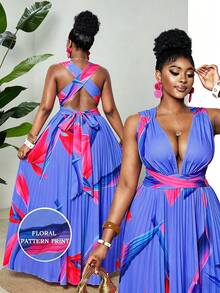 Maweii Plus Size Women Tropical Print Ruffle Dress - Blue - View 1