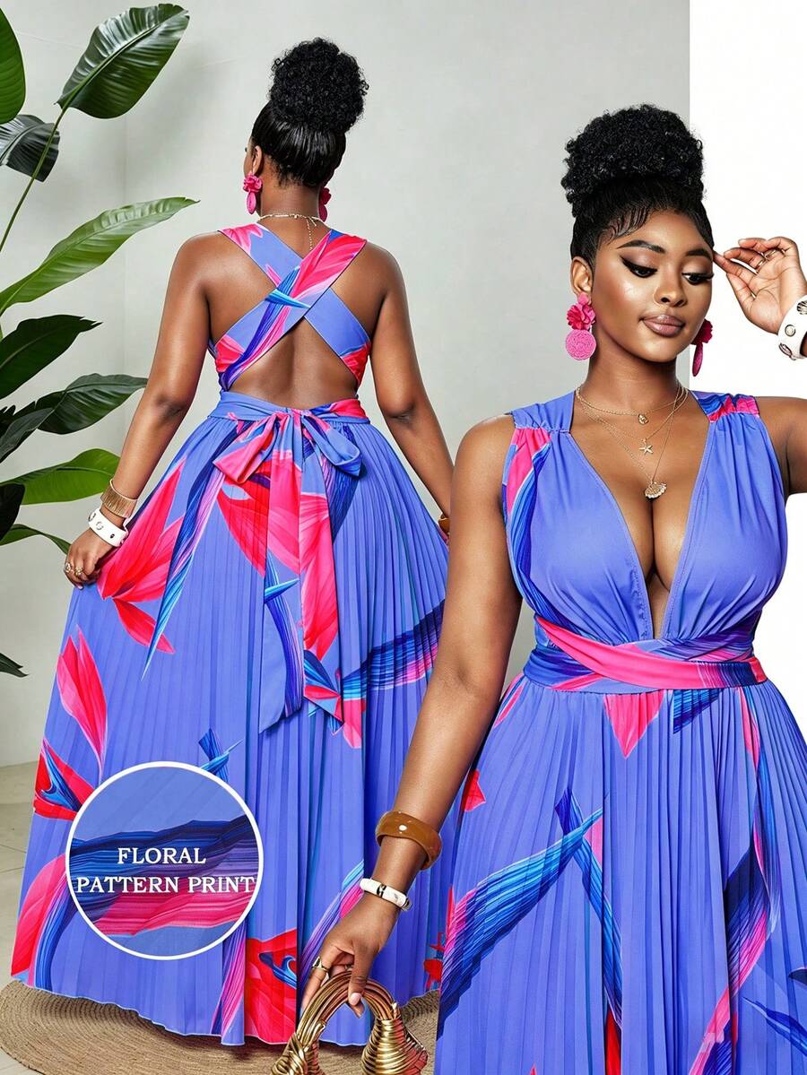 Maweii Plus Size Women Tropical Print Ruffle Dress - Blue - View 1