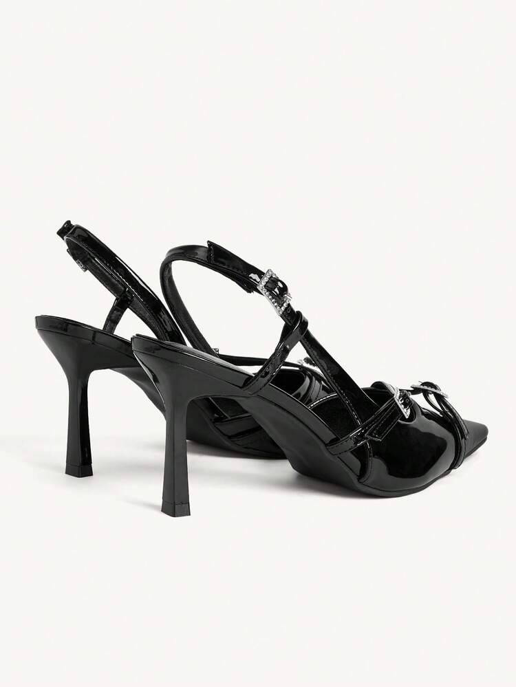 CUCCOO CHICEST Spring And Summer New Design Wine Glass Heel High Heel Diamond Pin Buckle Romantic Elegance Temperament Simple Sexy Women Black Patent Leather Material Slingback Ankle Strap High Heel Shoes Slingbacks Dress Shoes Dating Afternoon Tea Party Valentine's Day Elegant Wear