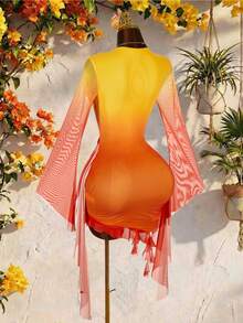 Amplova Vestido mini de mujer de manga larga, ajustado, con diseño de volantes y cuello halter, de malla verde, adecuado para ocasiones de fiesta en otoño/invierno, Año Nuevo, Navidad, Halloween, Día de San Valentín - Naranja - Ver 2