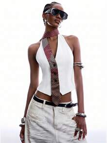 LYSMO Women's Patchwork Color Halter Backless Casual Versatile Daily Wear Top - White - View 4
