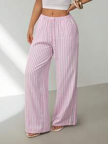 SHEIN PETITE Women's Pink Striped Casual Pants, Suitable For Summer Vacation - Pink - View 3