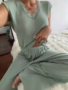 DAZY Women's Solid Color Lace Patchwork Top And Pants Pajama Set Summer - Green - View 1