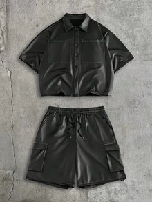 AXEPEAK Men's Solid Color PU Leather Short Sleeve Shirt And Shorts Set - Black - View 2