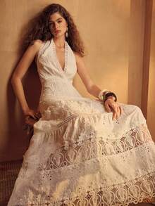 MOTF PREMIUM WOMEN'S COTTON BLEND EMBROIDERED LACE PATCHWORK DRESS, SUITABLE FOR VACATION, SPRING/SUMMER - White - View 6