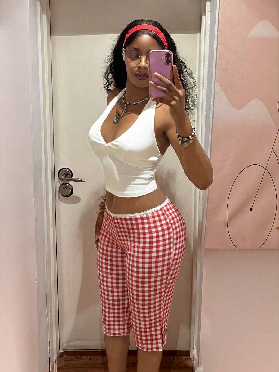 StreetHx Bộ đồ thể thao đường phố dành cho nữ gồm áo crop top buộc dây và quần short cạp thấp (2 món). - trắng - Xem 1