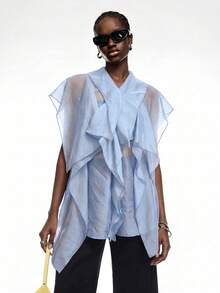 LYSMO Plus Size Women's Light Blue Ruffled Collar Button Front Mesh Patchwork Elegant Bohemian Chiffon Blouse - Baby Blue - View 6