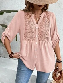 SHEIN LUNE Plus Size Lace Patchwork 3/4 Sleeve V-Neck Button Down Casual Vacation Shirt - Orange - View 3