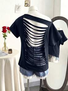 Lalippa Women Y2K Backless T Shirt Asymmetrical Cut Out Back Tee Casual Streetwear Grunge Open Back Short Sleeve Top - Blue - View 3