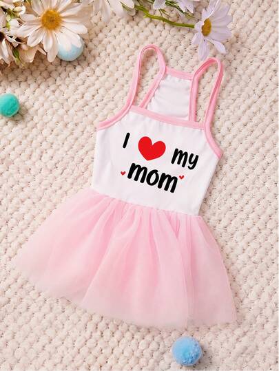 PETSIN 1pc Red Heart Black Letter Printed Pattern Pink Mesh Puff Skirt Pet Yarn Skirt