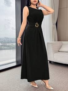 Feyla Waist Ruched, Metal Decor Button, Cinched Waist, Elegant Cocktail Party & Work Versatile Dress - Black - View 5