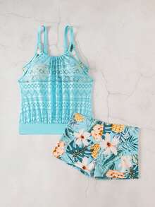 Swim Lushoire 2pcs/Set Summer Beach Women's Random Floral Print Tankini Top With Mesh Tummy Control And Hipster Shorts Swimwear Set - Blue - View 3