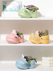 Joivida 1Pc Cute Slipper Shaped Succulent Planter, Creative Animal Themed Resin Flower Pot, Fun Hole Shoe Design Plant Pot For Small Plants, Multiple Animal Styles (Rabbit/Panda/Cat/Bull), Durable Non-Deform Resin Planter For Desk & Home Decor, - multicolor - View 6