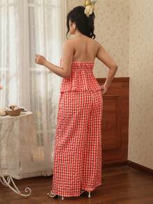 CovetEZ Set 2 Potong Terbaru Musim Semi/Panas: Atasan Bandeau Kotak-kotak Merah & Putih Bertekstur dan Celana Panjang Lebar, Ukuran Besar - Red and White - View 3