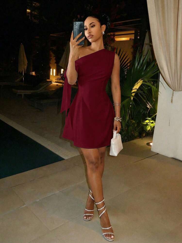 Slaydiva Women's Burgundy Elegant Summmer Party Night One-Shoulder Tie-Waist A-Line Mini Dress,Vacation Fitted White Commuting Wedding Guest Attire Beach Boho - Burgundy - View 5