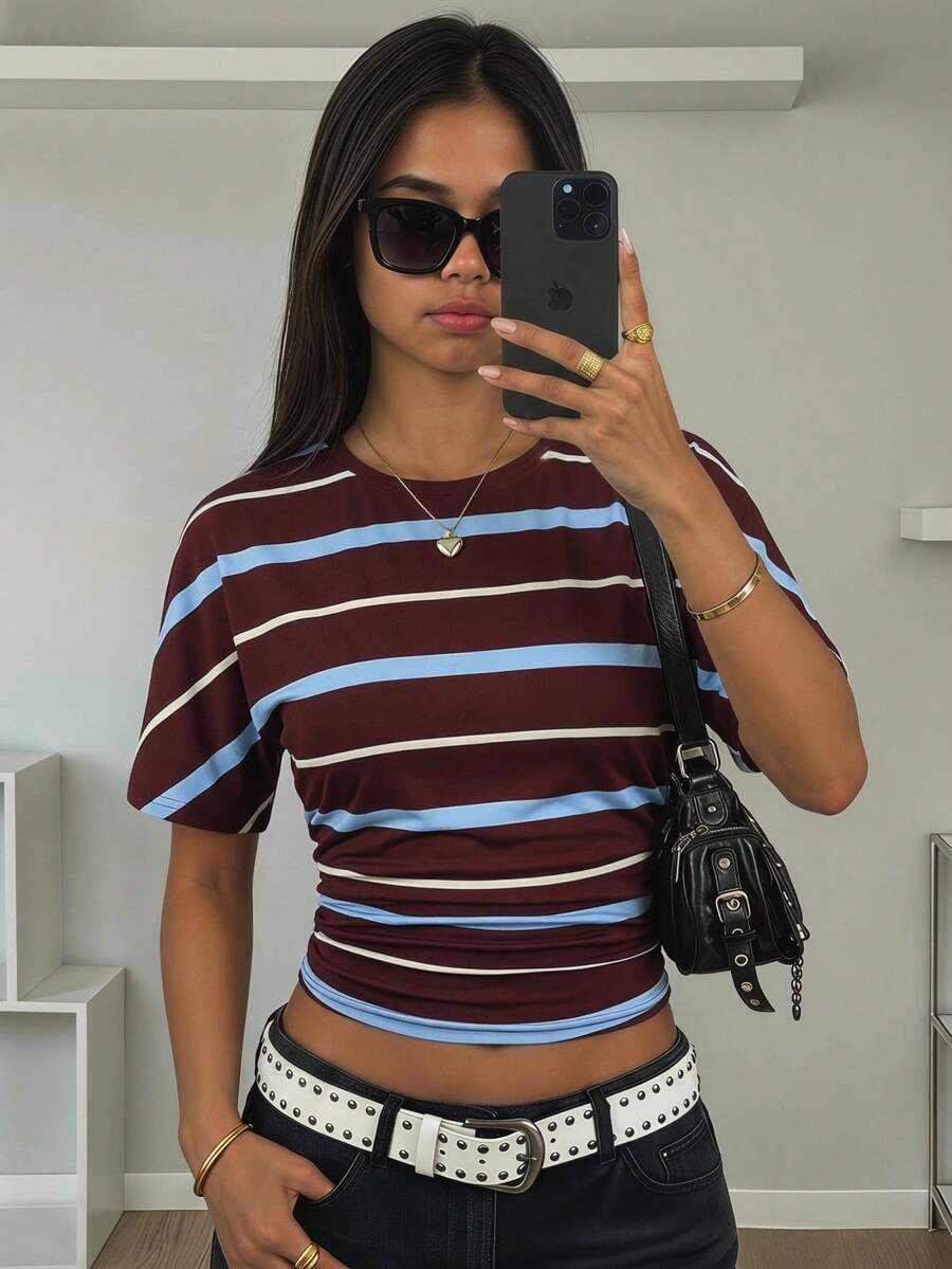 SHEIN 儿童/少女夏季新款复古美式条纹极简Y2K基础休闲返校街头风弹力白色宽松短款圆领T恤 - 彩色 - 查看 1