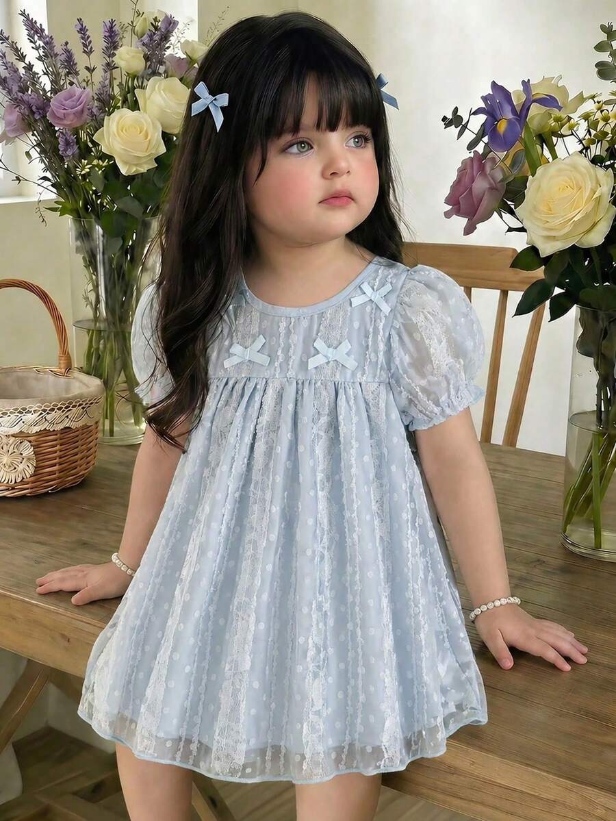 SHEIN Baby Girl Butterfly Decor Short Petal Sleeve Casual Dress - Blue - View 1