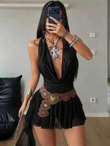 Coolane Women's Summer Concert Outfit Rave Outfit Party Date Night Streetwear Y2K Music Festival Sexy Stretchy Black Cowl Neck Halter Sleeveless Ruffle Fringe Mini Dress - Black - View 2