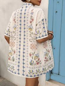 Vivid Eden Women's Summer Boho Tropical Floral Print 2 Pieces Set Open Front Kimono Top And Drawstring Shorts Outfits Beige Beach Vacation Holiday Outfits - Apricot - View 2