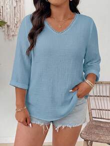Linhara CURVE Plus Size Casual Linen Texture V-Neck Floral Print Shirt - Blue - View 3