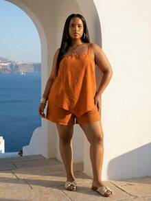 ELLERISSA Plus Size Burnt Orange Linen-Like Cami & Shorts Co-Ord Set - Burnt Orange - View 1