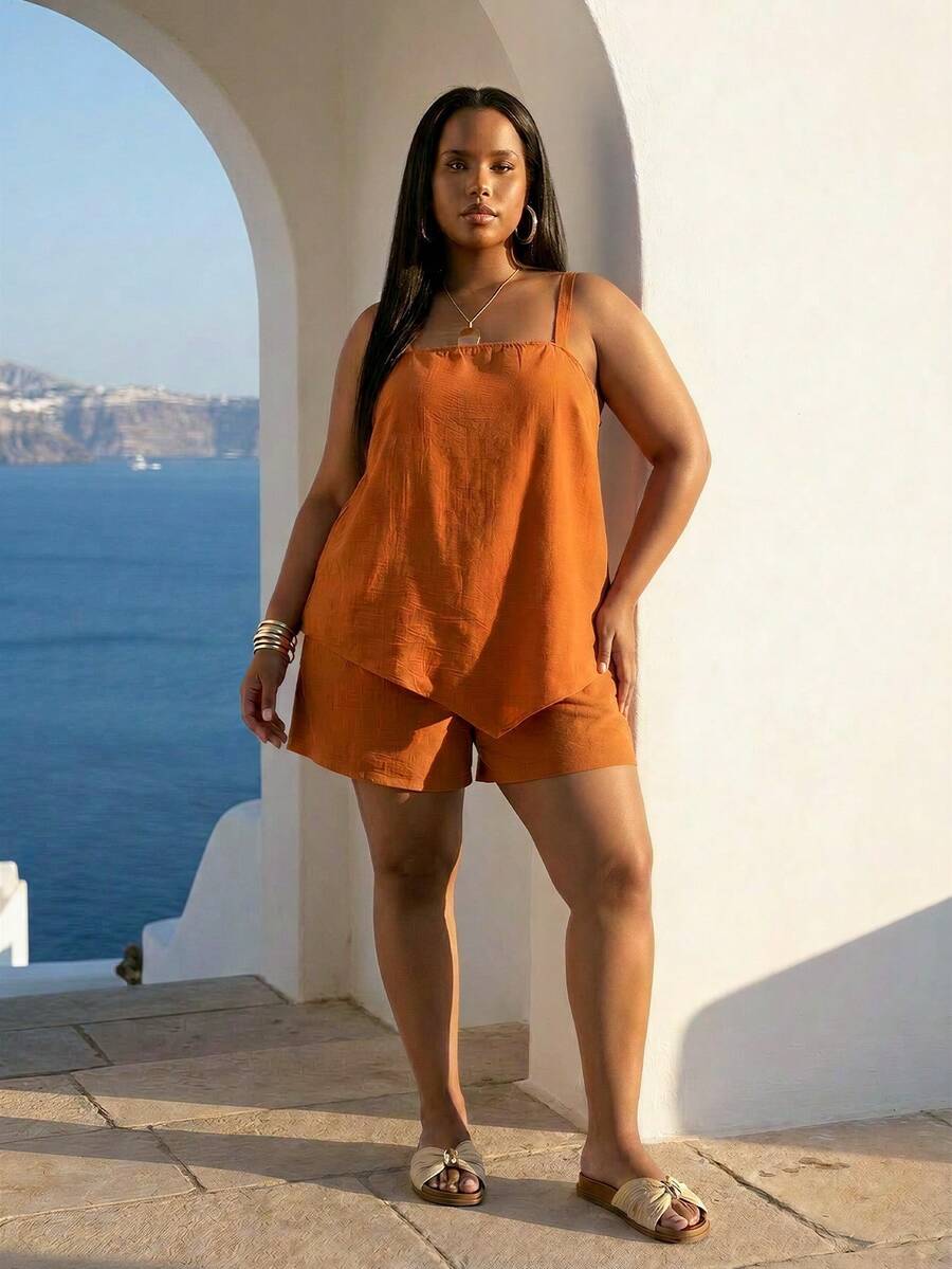 ELLERISSA Plus Size Burnt Orange Linen-Like Cami & Shorts Co-Ord Set - Burnt Orange - View 1