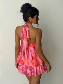 Aloruh Vestido mini elegante de mujer con cuello de halter y efecto degradado de color - Multicolor - Ver 3