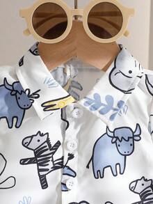 SHEIN 夏季新生男宝宝蓝色格子短袖开衫印花上衣搭配同款短裤两件套，时尚休闲简约风 - 彩色 - 查看 6