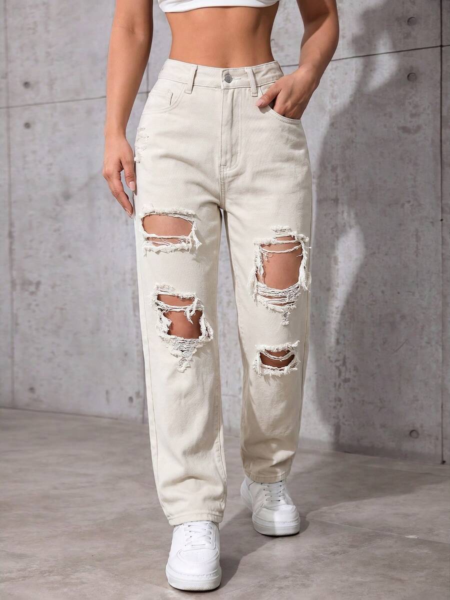 SHEIN ICON Women's Pocket Distressed Straight Loose Casual Streetwear Versatile Jeans Back-To-School Everyday Travel Beige Summer - Beige - View 1