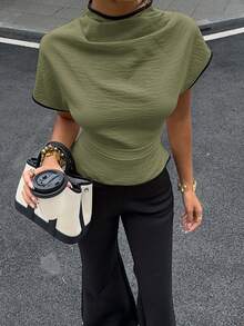 Siren Gaze Wrinkled Collar Asymmetrical Sleeve Side Ruched Cinched Waist Office Wear Bamboo Fiber Fabric Women Shirt, Contrast Color Trim Shirt, All Season,Summer Top - Army Green - View 5