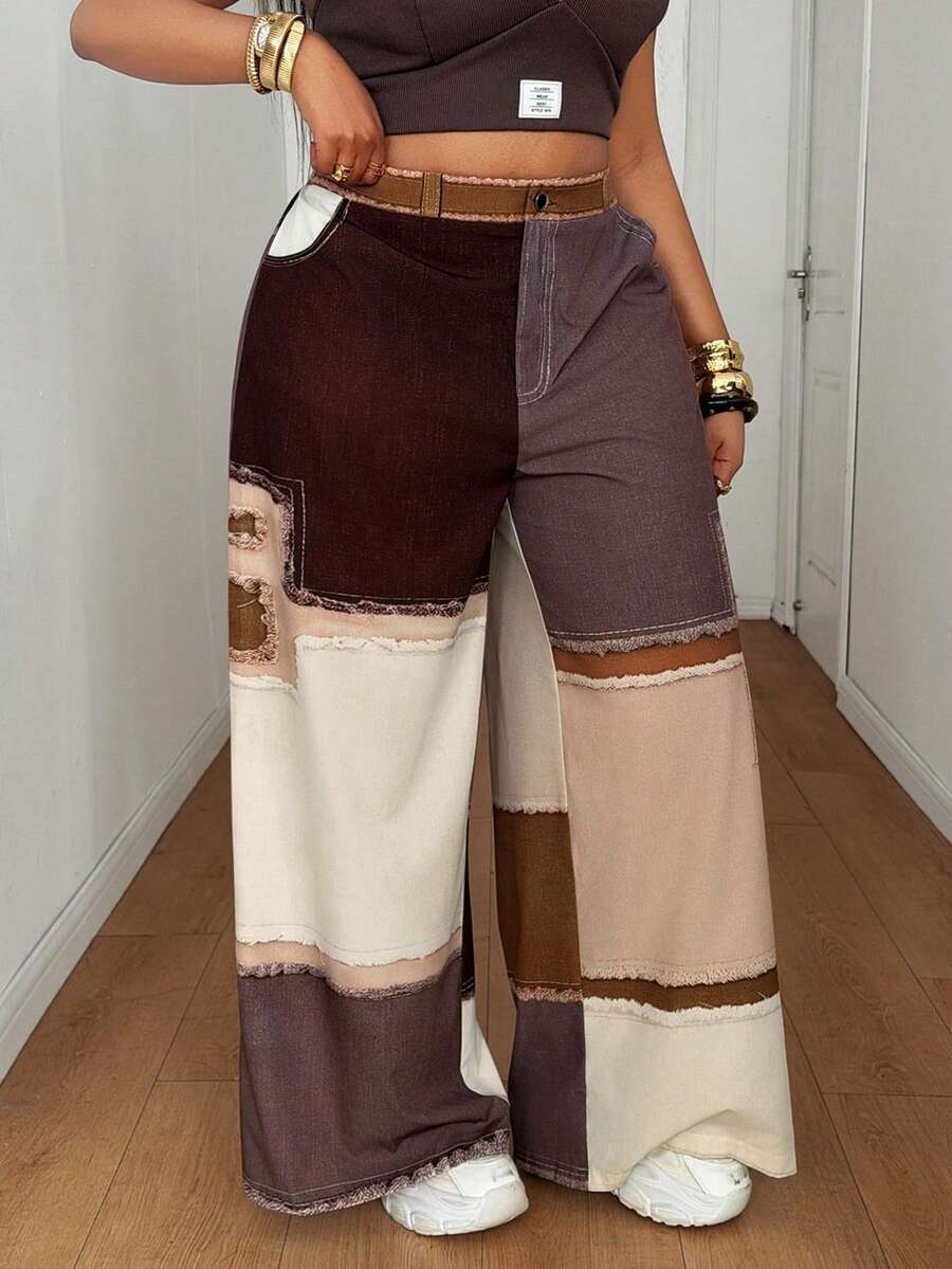 Maweii Summer Contrast Color Woven Digital Patchwork Casual Loose Straight Cargo Pants - Multicolor - View 1