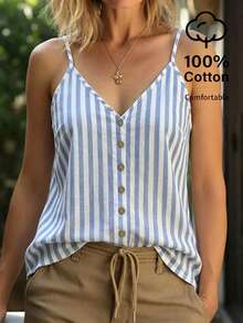 Zayélia Áo camisole thường ngày in họa tiết kẻ sọc cài nút - Màu xanh lam - Xem 1