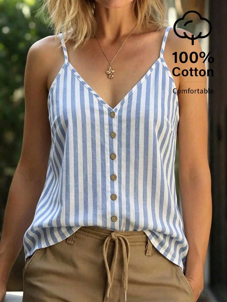 Zayélia Áo camisole thường ngày in họa tiết kẻ sọc cài nút - Màu xanh lam - Xem 1